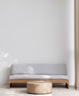 3 boyutlu, ahşap zemin, beyaz duvar, büyük gri kanepe, büyük pencere, halı, ahşap dolap, modelleme duvarı olan minimal bir oturma odası.