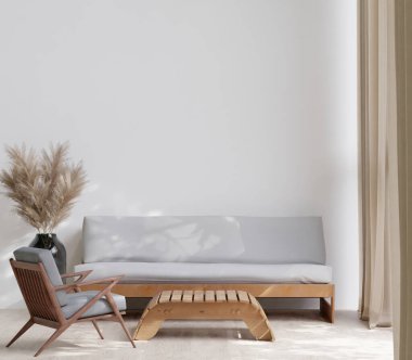 3 boyutlu, ahşap zemin, beyaz duvar, büyük gri kanepe, büyük pencere, halı, ahşap dolap, modelleme duvarı olan minimal bir oturma odası.