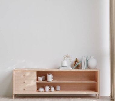 3D, ahşap zemin, beyaz duvar, büyük kanepe, büyük pencere, halı, ahşap dolap duvarlı, minimum şekilli oturma odası.