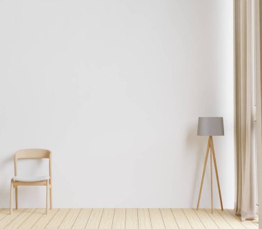 3 boyutlu, ahşap zemin, beyaz duvar, büyük kanepe, büyük pencere, maket için duvar ve kopyalama alanı olan minimal bir oturma odası.