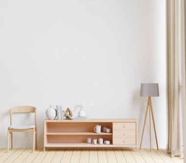 3D, ahşap zemin, beyaz duvar, büyük kanepe, büyük pencere, halı, ahşap dolap duvarlı, minimum şekilli oturma odası.