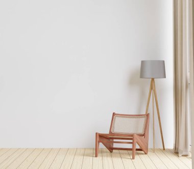 3D, ahşap zemin, beyaz duvar, büyük kanepe, büyük pencere, ahşap dolap duvarlı, minimum tarzda dekore edilmiş oturma odası maketi.