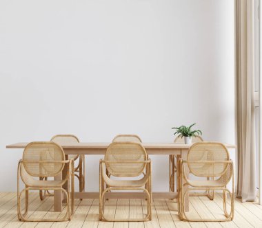 Yemek odası ve mutfak fotokopi alanı beyaz arkaplan duvarında maket ve kopyalama alanı için