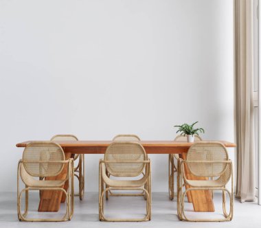 Yemek odası ve mutfak fotokopi alanı beyaz arkaplan duvarında maket ve kopyalama alanı için