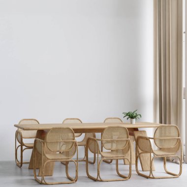 Yemek odası ve mutfak fotokopi alanı beyaz arkaplan duvarında maket ve kopyalama alanı için