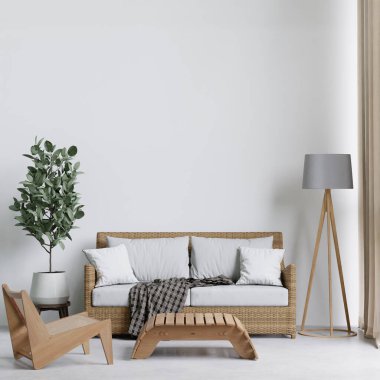 3D, ahşap zemin, beyaz duvar, büyük dokuma kanepesi, büyük pencere, ahşap dolap duvarı, modelleme ve kopyalama alanı olan minimal bir oturma odası.