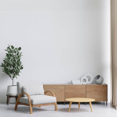 3D, ahşap zemin, beyaz duvar, büyük kanepe, büyük pencere, halı, ahşap dolap duvarlı, minimum şekilli oturma odası.