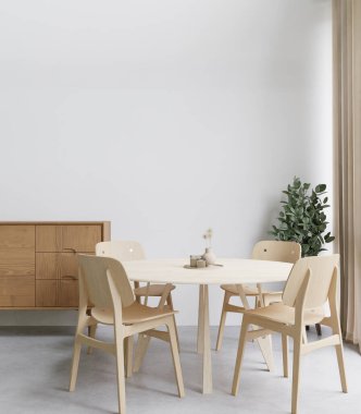 Yemek odası ve mutfak fotokopi alanı beyaz arkaplan duvarında maket ve kopyalama alanı için