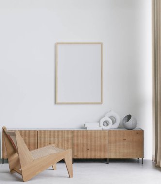 3 boyutlu, ahşap zemin, beyaz duvar, sandalye, ahşap büfe ve çerçeve çerçeveli minimal oturma odası.