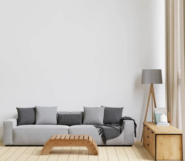 3 boyutlu, ahşap zemin, beyaz duvar, büyük gri kanepe, büyük pencere, halı, ahşap dolap, modelleme duvarı olan minimal bir oturma odası.