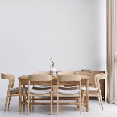 Yemek odası ve mutfak fotokopi alanı beyaz arkaplan duvarında maket ve kopyalama alanı için