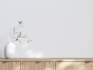 3 boyutlu, ahşap zemin, beyaz duvar, sandalye, ahşap büfe maketi ve kopyalama alanı olan minimal bir oturma odası.