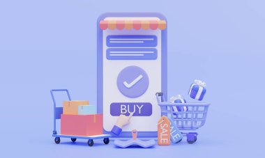 Çevrimiçi alışveriş, e-ticaret konsepti, online uygulama ve web sitesi konsepti, dijital pazarlama çevrimiçi 3d illüstrasyon