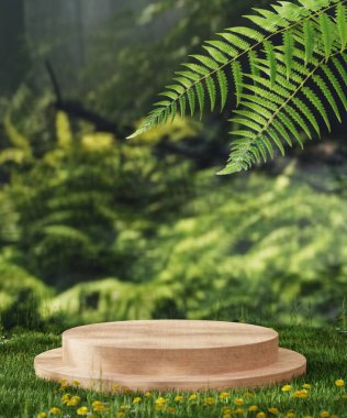 Ürün sunumu için kozmetik arka plan. Moda dergisi için minimal podyum, çimenler doğal arka plan, güzellik ve kozmetik ürünleri. 3d resimleme