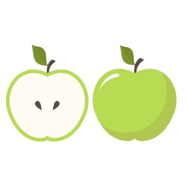 Yeşil elma bütünlüğü ve beyaz vektör illüstrasyonunda izole edilmiş meyve simgesi kes