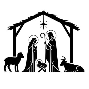 Bebek İsa, Meryem ve Joseph 'in Noel vektörüyle birlikte yemlikte. Siyah siluet Noel izole edilmiş.