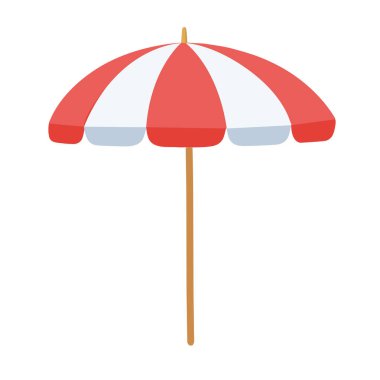 Beyaz arka plan vektör düz stili ahşap saplı kırmızı ve beyaz bir plaj şemsiyesi.