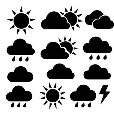 Bu, güneş, bulut, yağmur ve yıldırım gibi çeşitli elementleri gösteren siyah hava ikonlarının bir derlemesi.