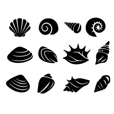 Bu siyah deniz kabuğu siluetleri çeşitli tasarımlar, el sanatları ve deniz temalı projeler için mükemmeldir.