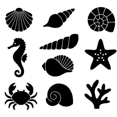 Benzersiz yaratıcı projeler için özenle tasarlanmış çeşitli deniz yaşamları ve deniz kabukları içeren siyah simgeler.