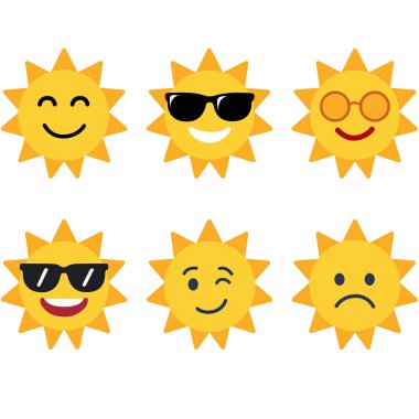Altı eşsiz güneş emojisi koleksiyonu, her biri farklı duygular gösteriyor, yaz temalı projeler için ideal.