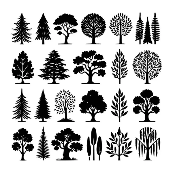 Siluet ağaç çizgisi grafik ağaçları kümesi elementlerin ana hatları Vektör illüstrasyonu