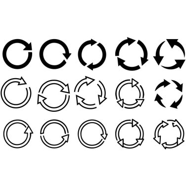 Tazeleme, döndürme, yeniden yükleme içeren çember ok simgesi seti, Beyaz arkaplanda izole edilmiş Vektör illüstrasyonunu tekrarla