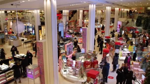 2023年12月10日 这个视频是在2021年圣诞节期间在梅西的先驱广场旗舰店里拍摄的 它展示了主要的购物中心 化妆品区 购物者 季节性装饰 商店人员 — 图库视频影像