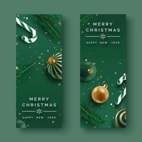 Zwei Vertikale Weihnachtsbanner Mit Realistischem Dekor Weihnachtskugeln Bonbons Tannenbrunch Und — Stockvektor