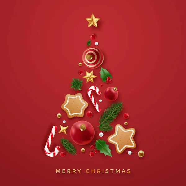 圣诞树是用圣诞装饰品做成的 装饰节庆物品现实的3D饼干 甘蔗糖 冬青浆果 星星和圣诞球 圣诞及新年设计 — 图库矢量图片