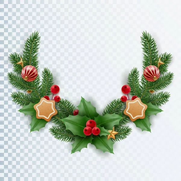 木の枝 ベリー キャンディーの杖とクリスマスボールのクリスマスの庭 果実と葉を半円形の形でリアルに見えるクリスマスの装飾 — ストックベクタ