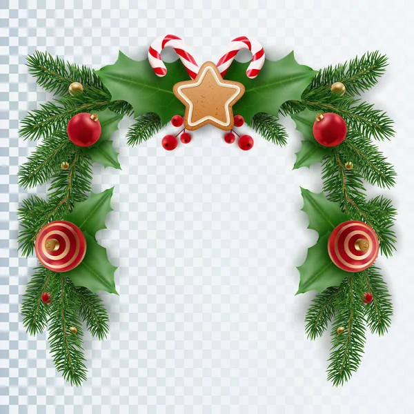 圣诞树 糖果手杖和圣诞球组成的圣诞花环 现实的圣诞装饰 用浆果和树叶做成长方形的框架 — 图库矢量图片