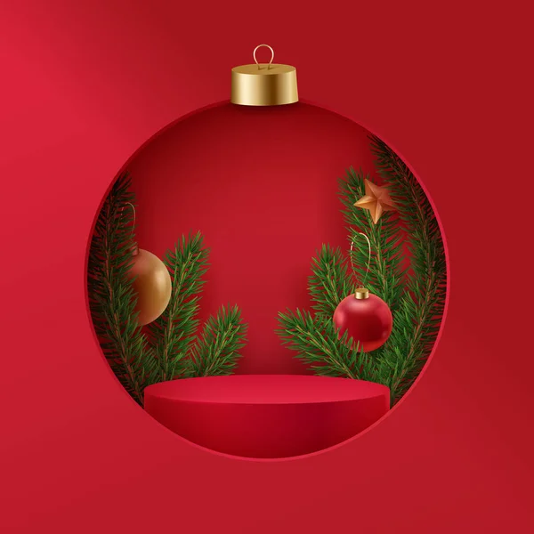 モミの木 クリスマスボールと星とクリスマスの赤い表彰台 現実的なシーンとクリスマスボールの形の穴を持つお祭りの背景 クリスマスと新年の3Dシーン — ストックベクタ
