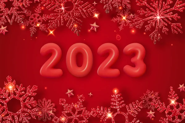 2023 Gerçekçi Sayılar Dekor Parlayan Kar Tanesi Kırmızı Balonlar Mutlu — Stok Vektör