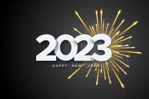 2023 Mutlu Yıllar Beyaz Numaralar Siyah Arka Planda Havai Fişekler — Stok Vektör