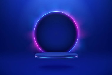 Çizgi eğimli neon halkalı boş podyum. Pembe ve mavi neon parlayan çerçeveli ve karanlık geçitli bilim kurgu sahnesi. Model sahnesi. Geometri gelecekçi platformu