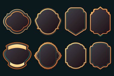 Boş boş karanlık kalkanlar kümesi. Kalkan rozet şekiller. Amblemler, Etiketler, Insignia için vintage vektör çerçeveler