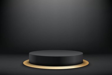 Soyut 3D gerçekçi siyah, boş, yuvarlak podyum ve altın oval zemin. Ürün sunumu için en küçük sahne. Ödül töreni konsepti. Silindirik podyumlu soyut sahne