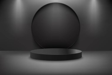 Soyut 3D gerçekçi, siyah, yuvarlak, sahne arkası ve lamba aydınlatmalı bir podyum. Ürün sunumu için en küçük sahne. Ödül töreni konsepti. Silindirik podyumlu soyut sahne