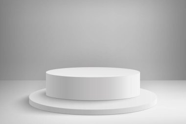 Soyut 3D gerçekçi, boş, yuvarlak podyumlar. Ürün sunumu için en küçük sahne. Ödül töreni konsepti. Silindirik podyumlarla soyut sahne. Geometri şekil platformu