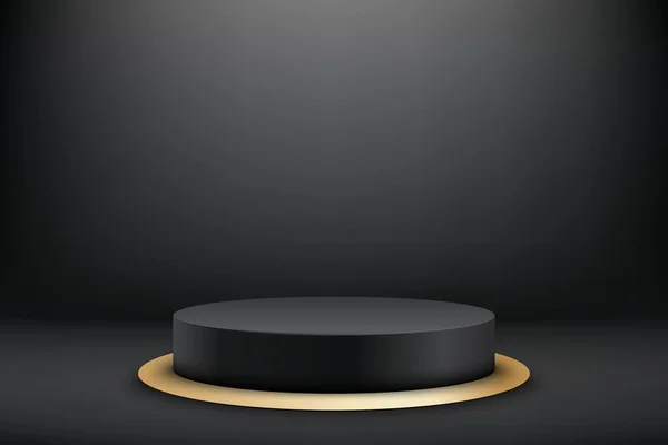 三维逼真的黑色空圆形讲台和金色椭圆形地面 用于产品展示演示的最小场景 颁奖典礼的概念 带圆柱形讲台的抽象场景 — 图库矢量图片