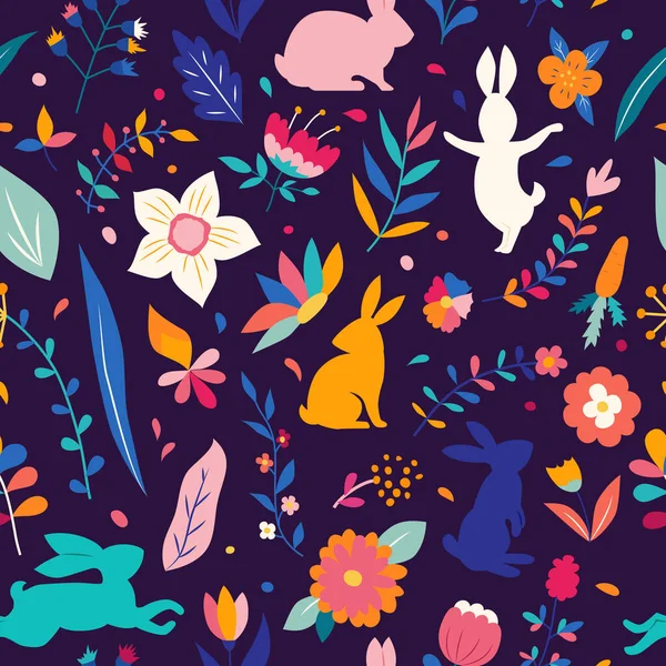 Бесшовный Пасхальный Узор Традиционные Пасхальные Цветы Кролик Ярких Цветах Силуэт — стоковый вектор