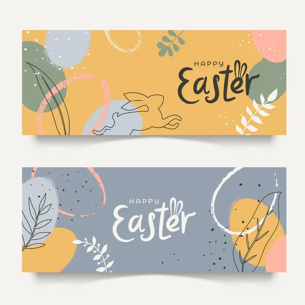 Zwei Horizontale Banner Mit Handgezeichneten Osterdekorationen Pastellfarben Frohe Ostern Minimalistisches — Stockvektor