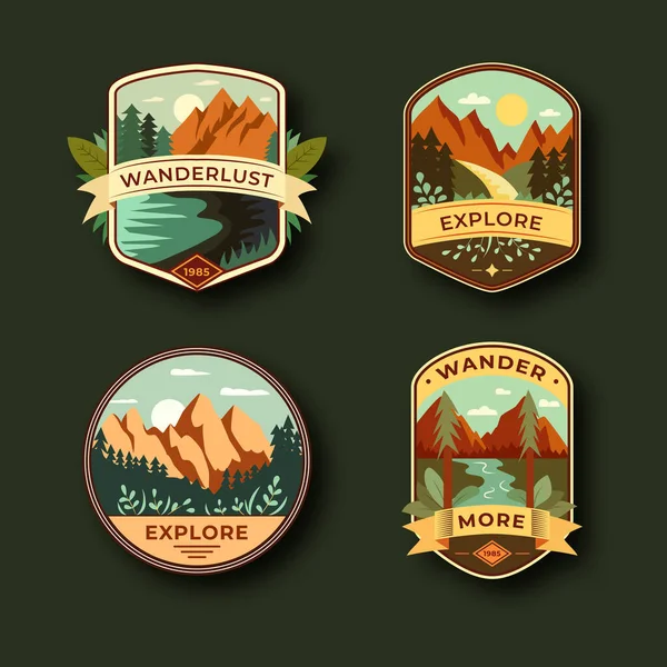Sada Čtyř Symbolů Horských Cest Camping Venkovní Dobrodružství Emblémy Odznaky Stock Ilustrace