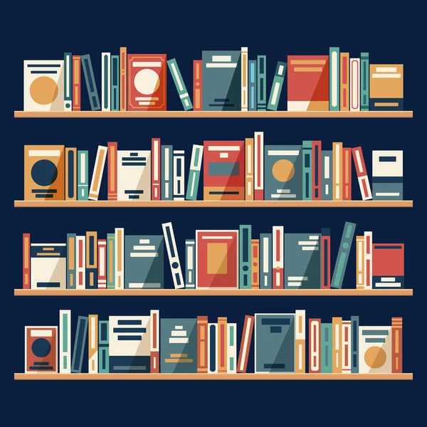Ράφια Πολύχρωμα Βιβλία Στυλ Flat Design Ξύλινα Ράφια Πολύχρωμα Βιβλία — Διανυσματικό Αρχείο