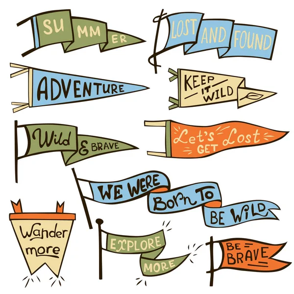 Set Adventure Outdoors Camping Colorful Pennants Retro Vector Monochrome Labels — Stock Vector