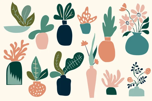 Neobvyklé Rostliny Květináčích Moderním Stylu Sada Abstraktních Vektorových Kaktusů Listů — Stockový vektor
