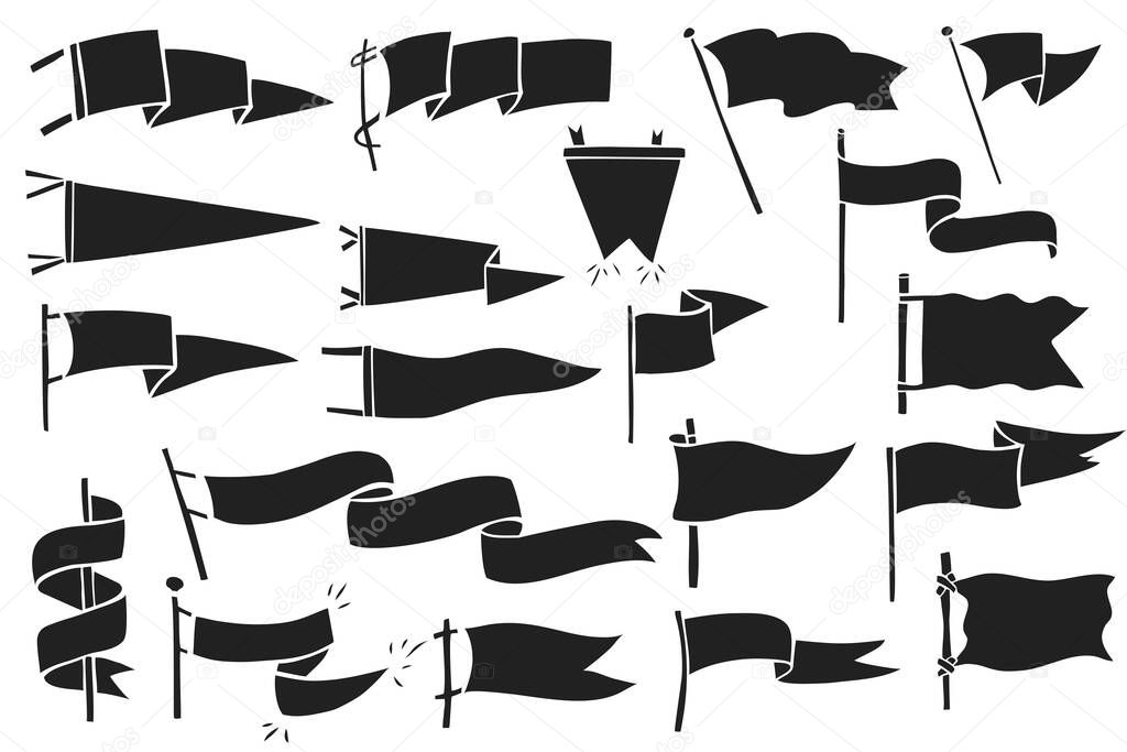 Hand drawn flags. Monochrome labels or wanderlust style pennants