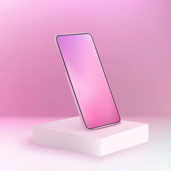 Modélisation Réaliste Rose Smartphone Sur Podium Carré Téléphone Portable Avec — Image vectorielle