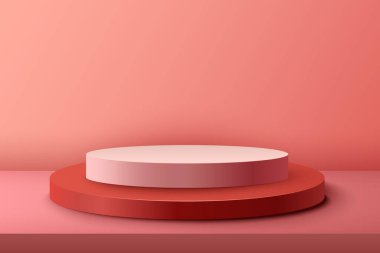 Abstract 3D realistic red and pink empty round podiums. Minimal scene for product display presentation. Award ceremony concept. Abstract scene with cylindrical podiums. Geometry shape platform clipart